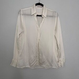 Indah Womens Ivory 100% Silk Button Down Blouse Mother of Pearl Buttons Size S